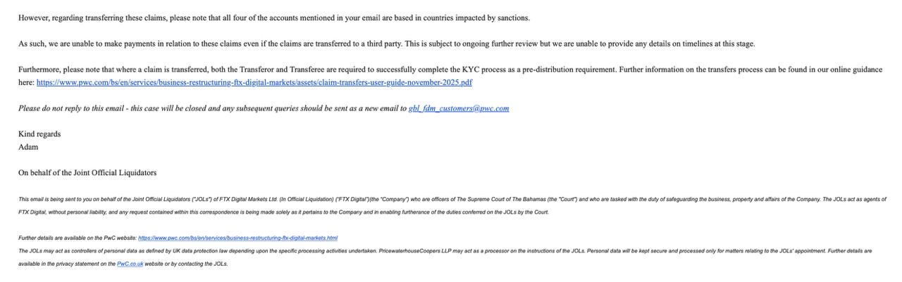 PwC Bahamas official email screenshot notifying of blocked payments in the FTX Fifth Round due to sanctions