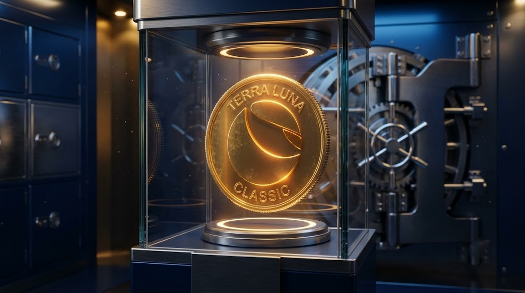 Golden Terra LUNA Classic coin secured in a futuristic bank vault — Terra Claims 机构级数字资产收购：锁定在保险箱中的Terra硬币 (Terra债权收购) distribuciones de Terraform Labs