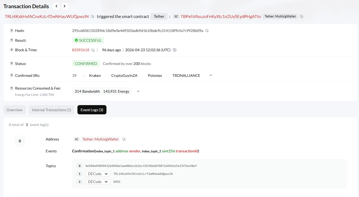 Execution of Tether MultisigWallet smart contract