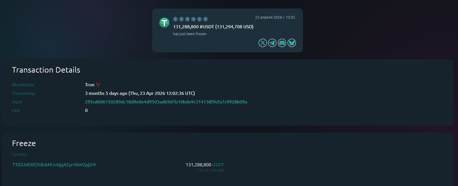 Confirmation of freezing 131.2 million USDT on the Tron network