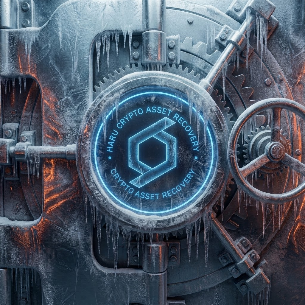 A highly detailed close-up of an ice-covered antique bank vault door heavily covered in frost and icicles, featuring a central glowing blue neon circular display with a hexagonal geometric logo and the text "HARU CRYPTO ASSET RECOVERY." Warm amber and orange reflections contrast with the cold blue frost.