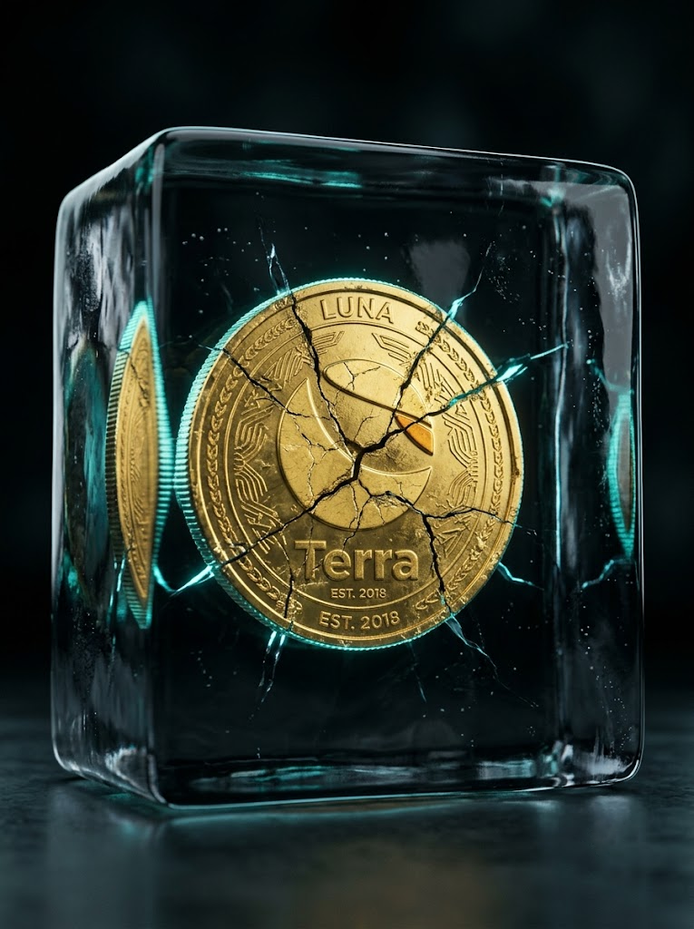 Frozen Terraform Labs distributions: A cracked gold Terra LUNA coin locked in dark plastic, showing why investors sell Terra claim assets.