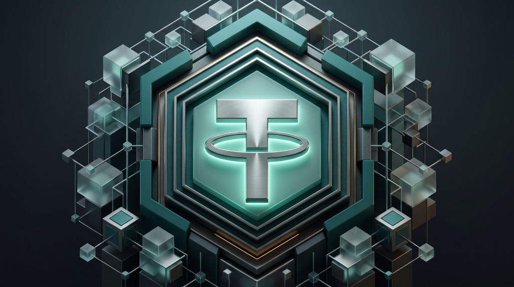 A high-detail 3D rendered geometric emblem of the Tether (USDT) stablecoin cryptocurrency logo. The central 'T' symbol rests on a cool-glowing turquoise hexagonal shield, which is contained within a multi-layered dark metallic structure with a gold border. This central badge is surrounded by an exploded, suspended network of glowing and frosted geometric cubes and interconnecting lines, representing a blockchain network. The scene is premium and futuristic, against a dark background.