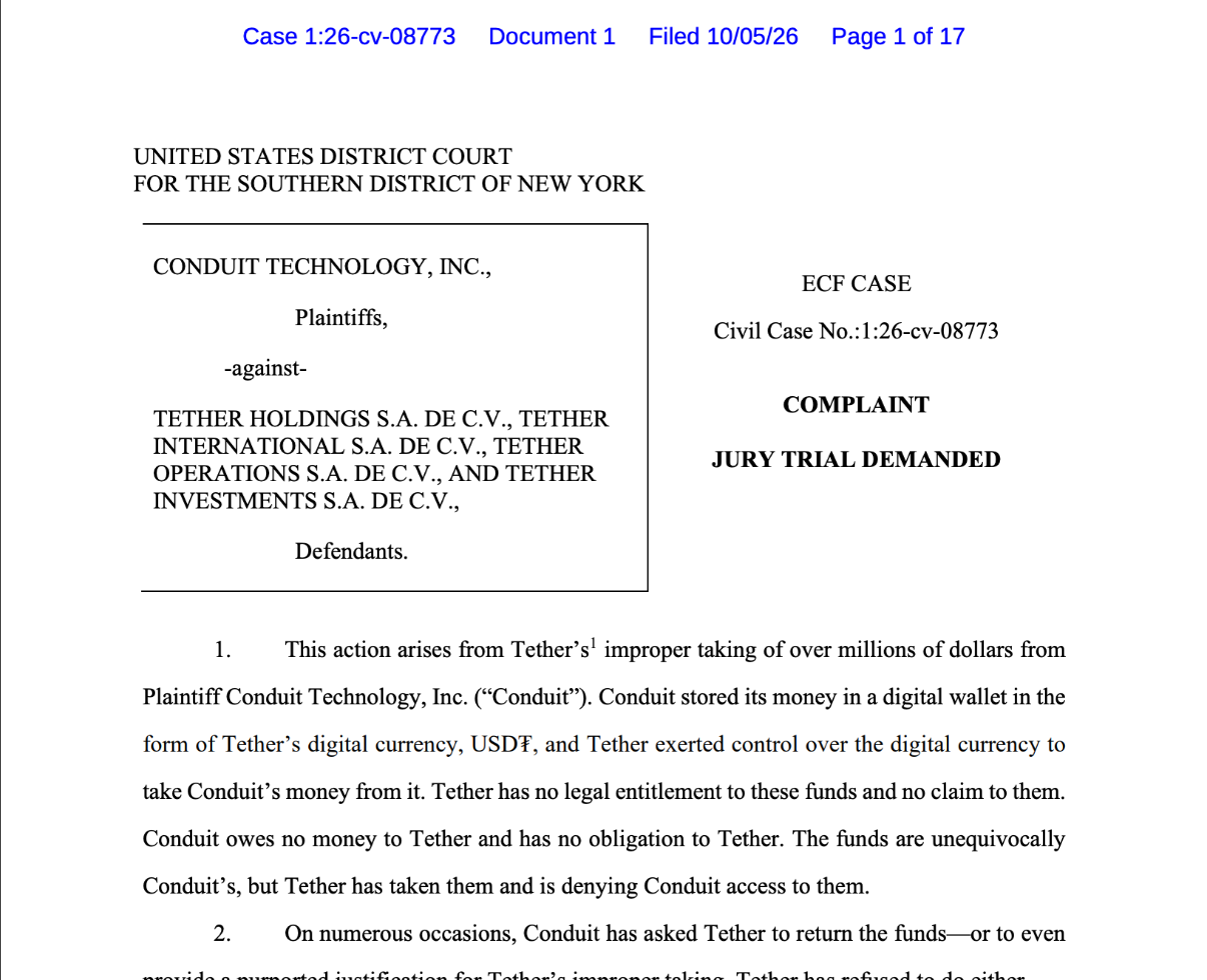 Перша сторінка позову Conduit Technology проти Tether, справа 1:26-cv-08773