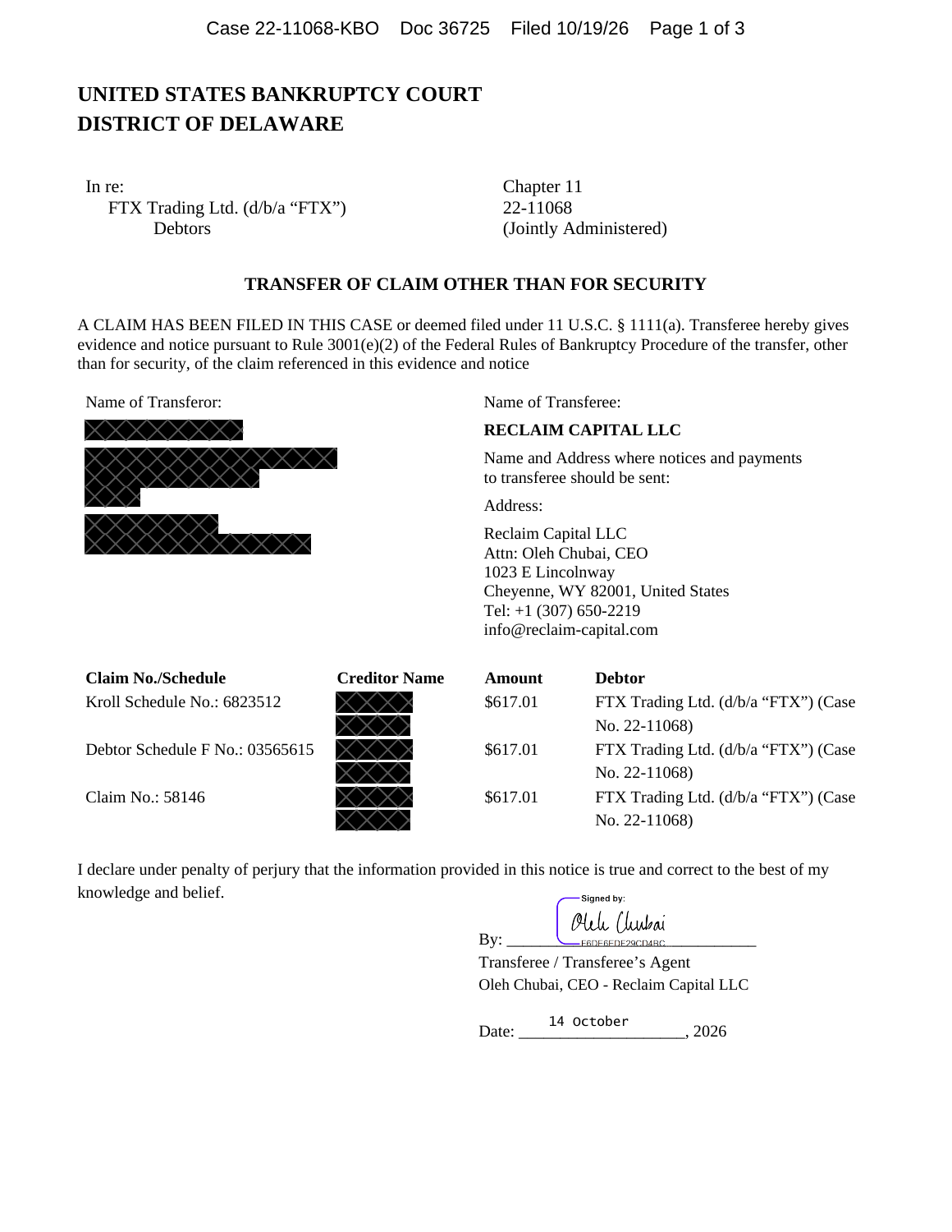 Повідомлення про відступлення вимоги FTX, документ 36725: RECLAIM CAPITAL LLC зазначена як Transferee