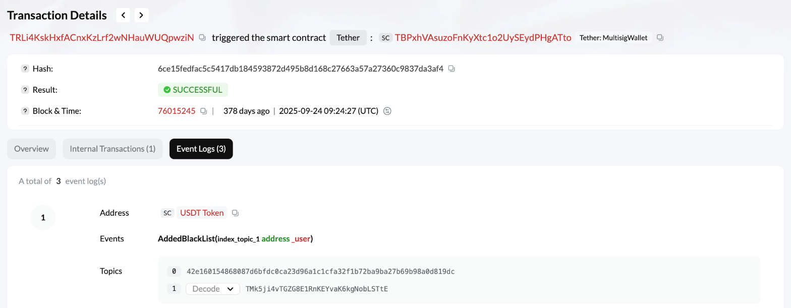 Заморозка USDT гаманця Conduit у Tronscan: подія AddedBlackList